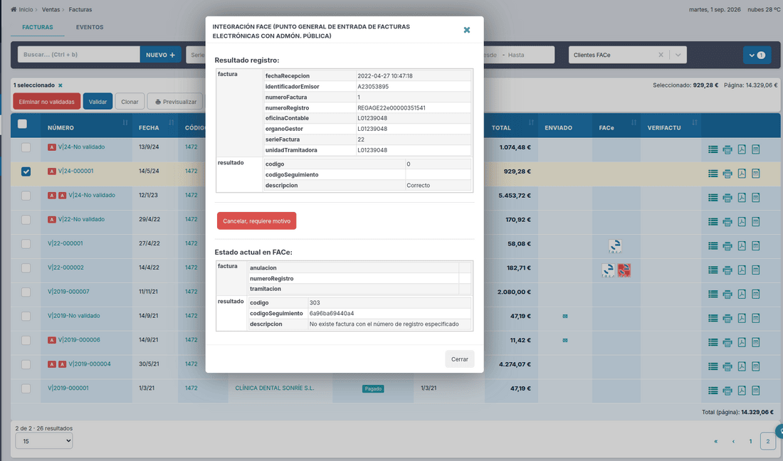 Modal de integración FACe con el resultado del registro y el estado actual de la factura
