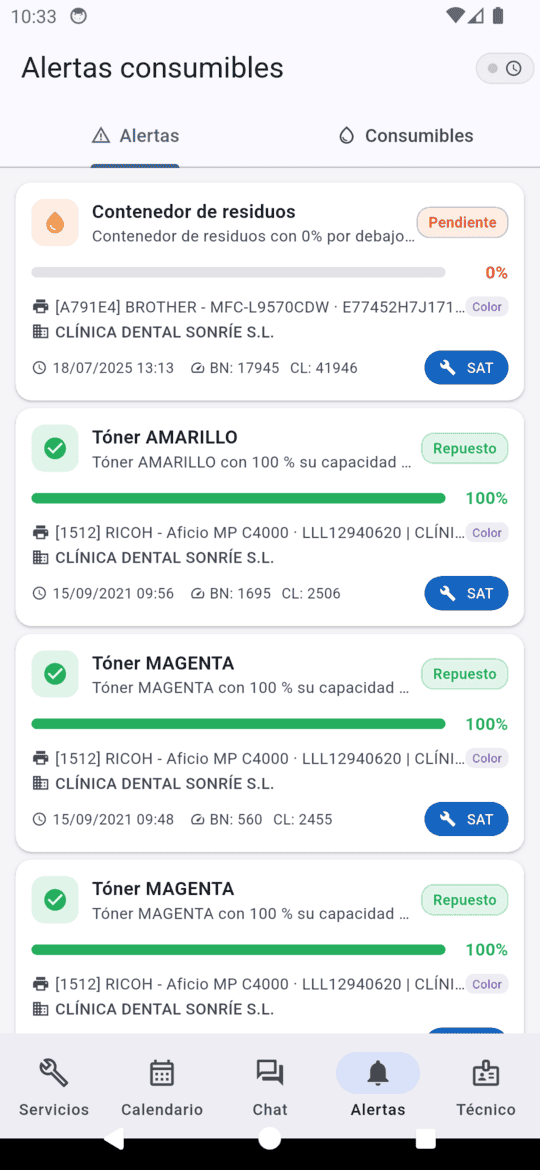 Alertas de consumibles