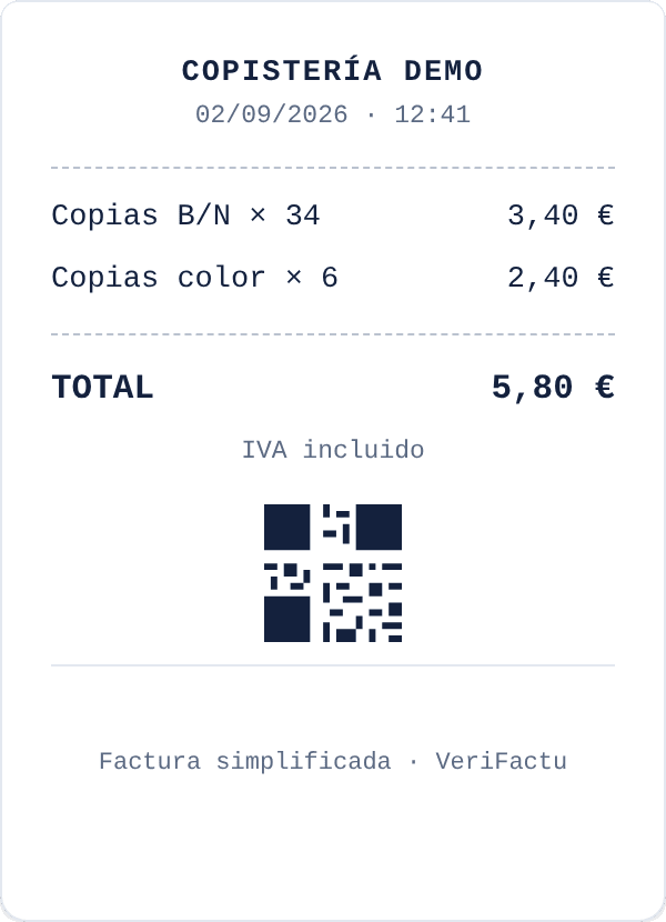 Ticket de copistería: copias en blanco y negro y en color, total y código QR de factura simplificada con VeriFactu