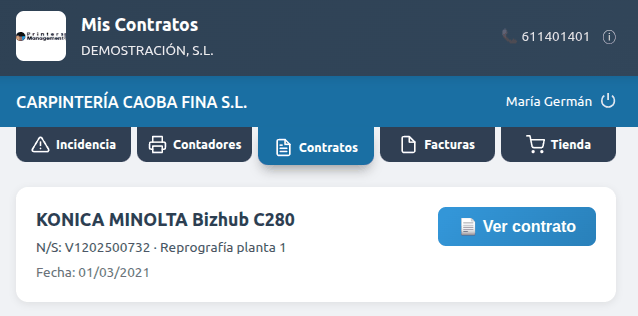 Pestaña Contratos del portal: la máquina del cliente con su número de serie, fecha y botón para ver el contrato