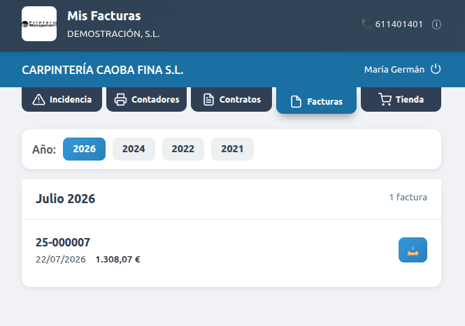 Pestaña Facturas del portal: las facturas del cliente ordenadas por año, cada una con su botón de descarga