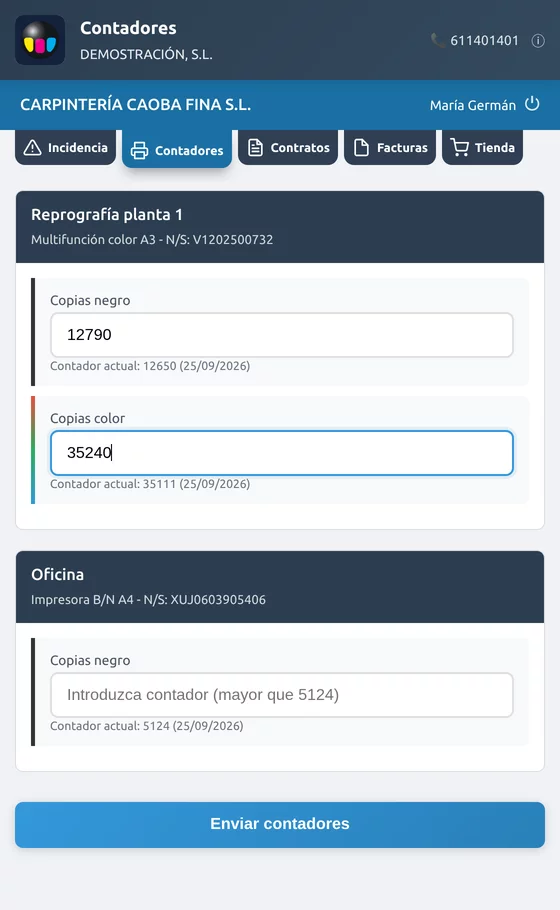 Pestaña Contadores: mete la lectura de cada máquina