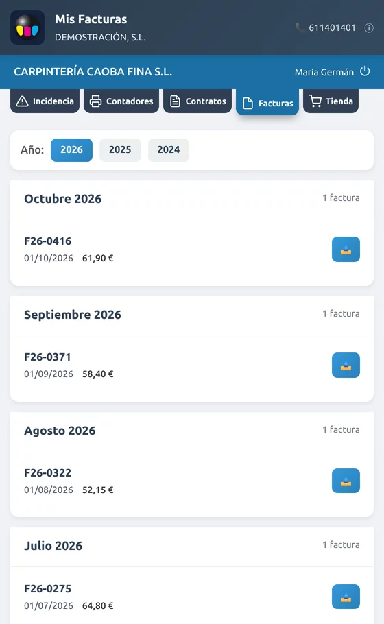 Pestaña Facturas: sus facturas por año, para descargarlas