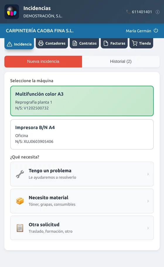 Pestaña Incidencia: el cliente elige la máquina y dice qué necesita
