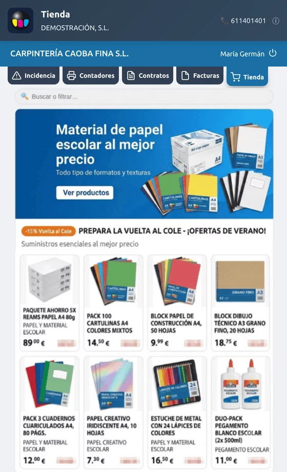 Pestaña Tienda: tóner y material, con su pedido