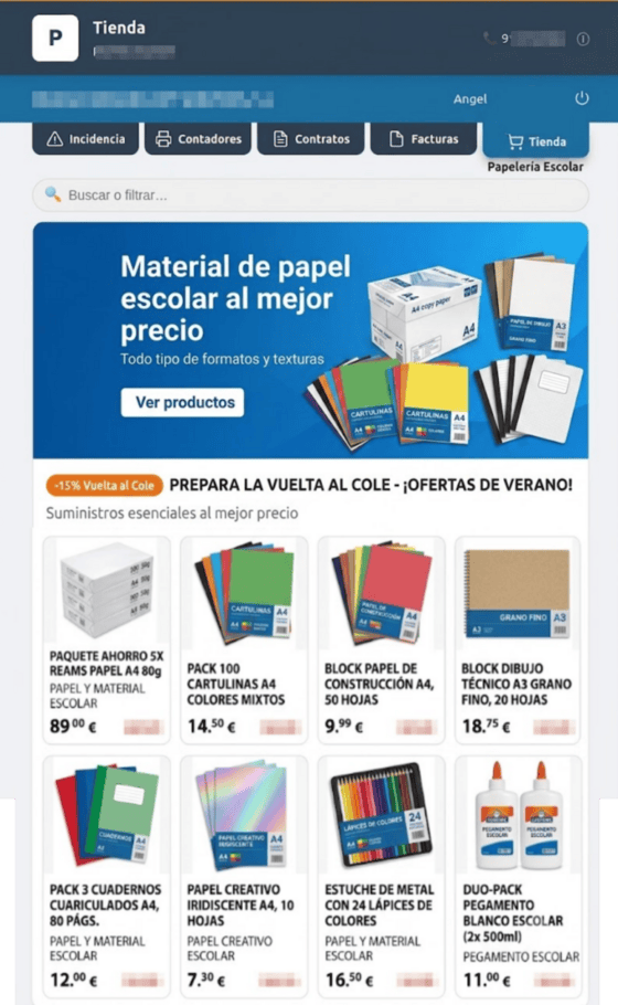 Tienda online del portal del cliente con el catálogo de tóner y material de oficina
