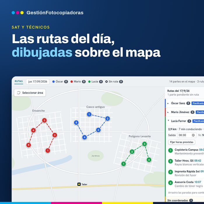 Planifica las rutas de tus técnicos de fotocopiadoras dibujando sobre el mapa